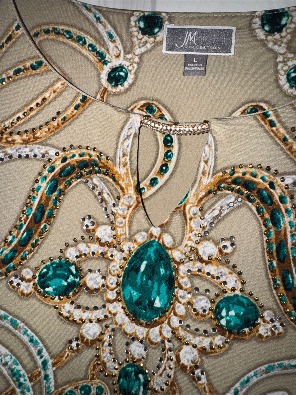 JM Collection Cream Tunic with Gold Embroidery and Emerald Jeweled Accents - Picture 4 of 4